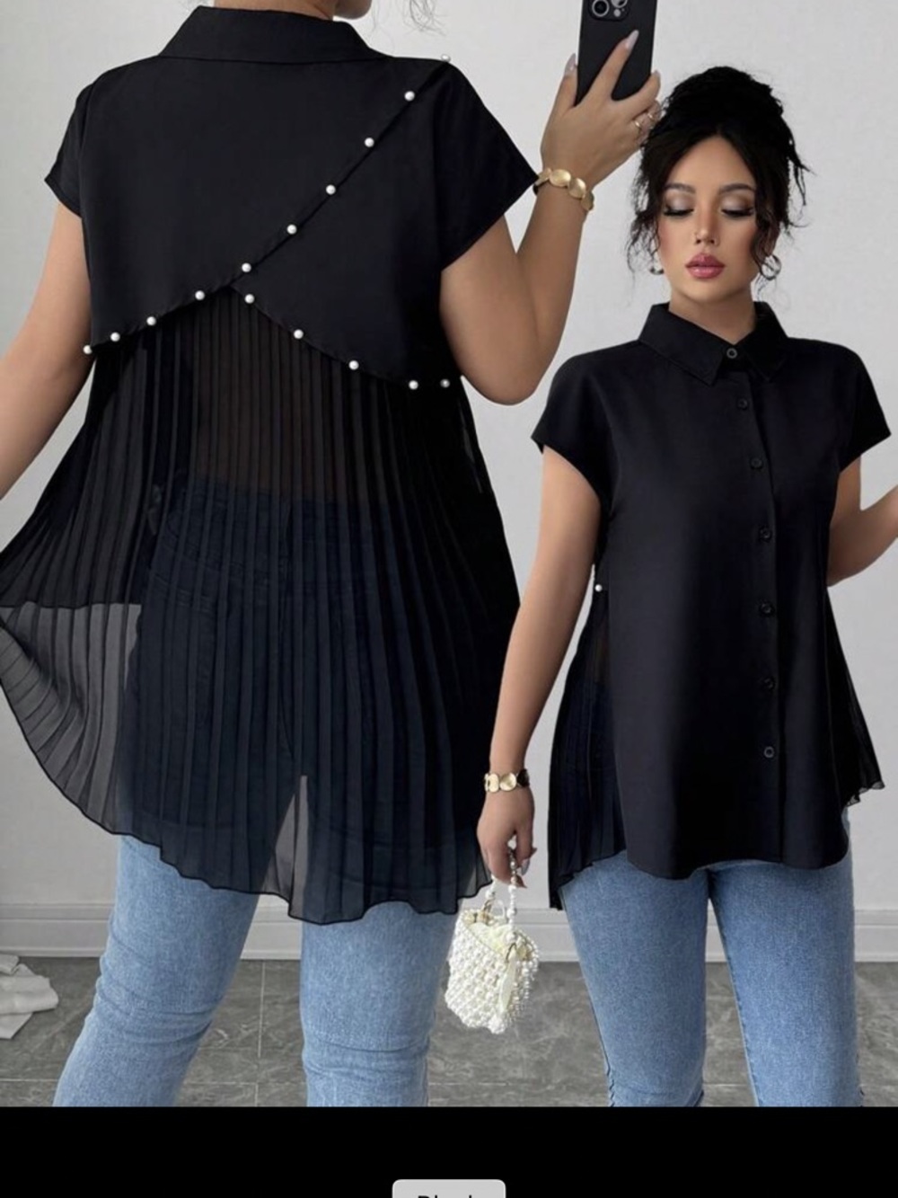 SHEIN Black Pleated Back see-through with Pearl-Trim Button-Down Top size XL